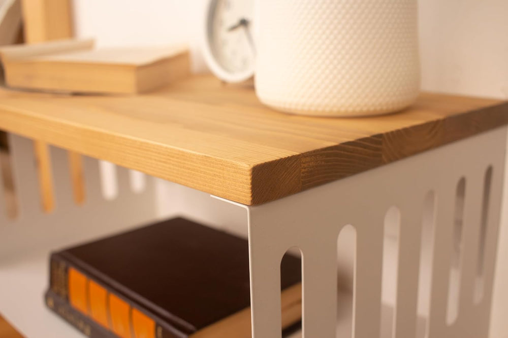 Floating Nightstand with White Metal Base, Wooden Top and Sturdy Metal Base, ...