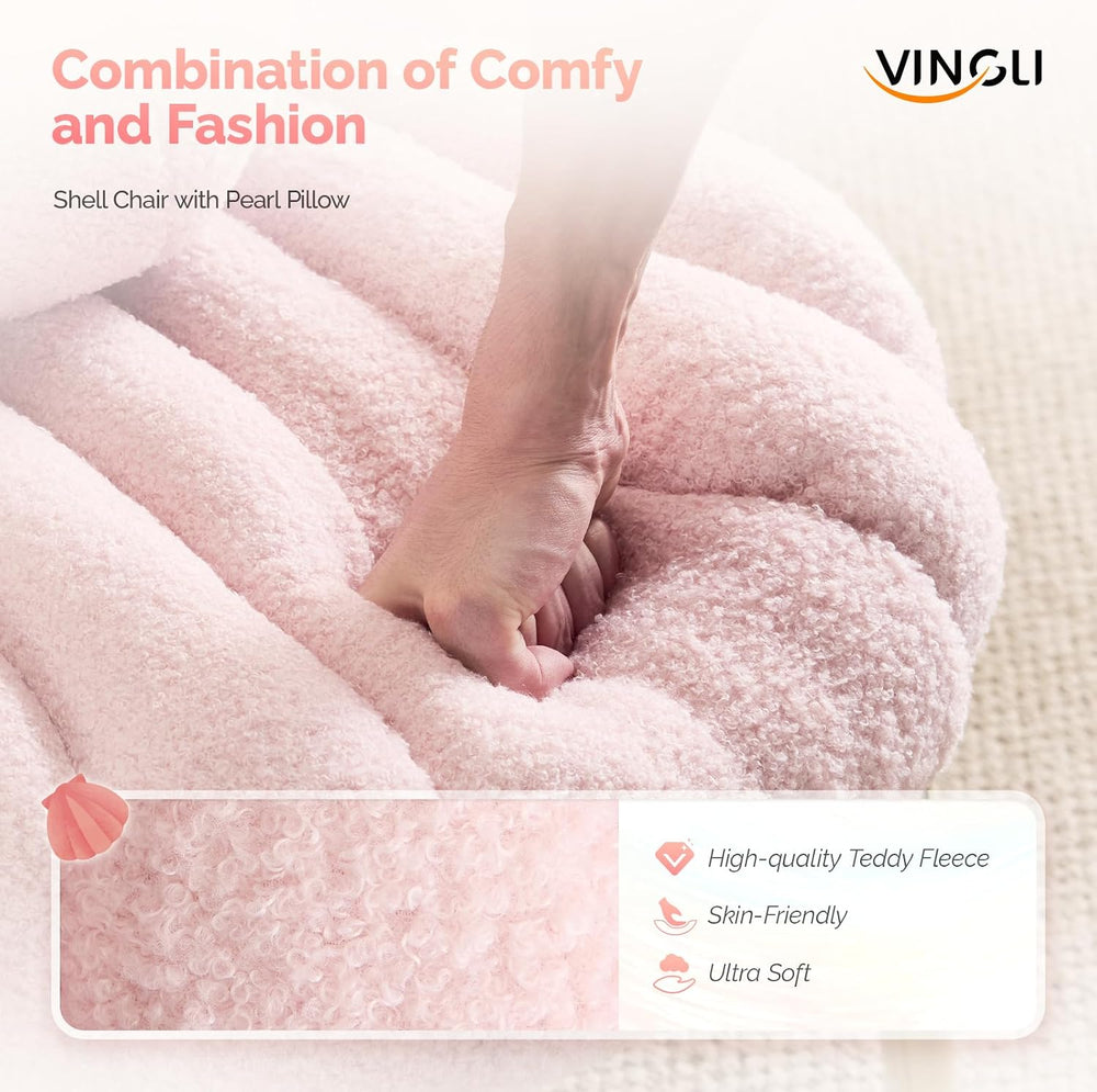 VINGLI Shell-Shaped Teddy Fleece Accent Vanity Chair with Back,Comfy Pink and...
