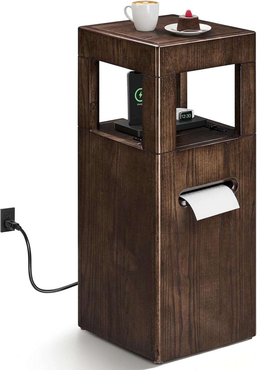 Multi Use Side End Table with Charging Station for Living Room, Solid Wood Sm...