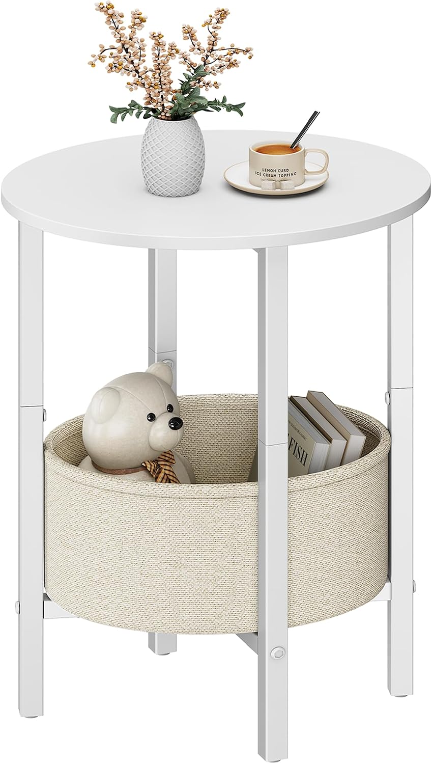 Vagusicc Round Side Table End Table with Storage Basket, Small Side Table Rou...