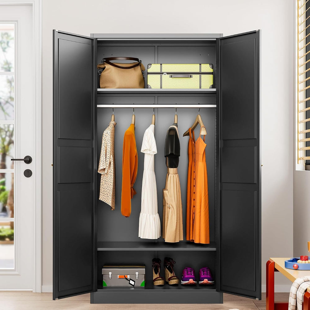 SISESOL Metal Wardrobe Cabinet with Hanging Rod,Black Armoire Wardrobe Closet...