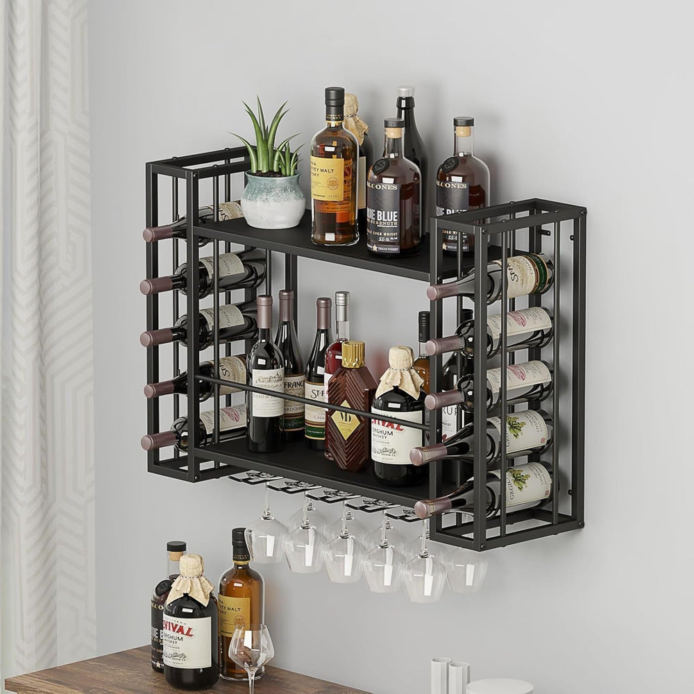 Wall Mounted Wine Rack with Glass Holder | Hanging Liquor & Wine Glass Ra...