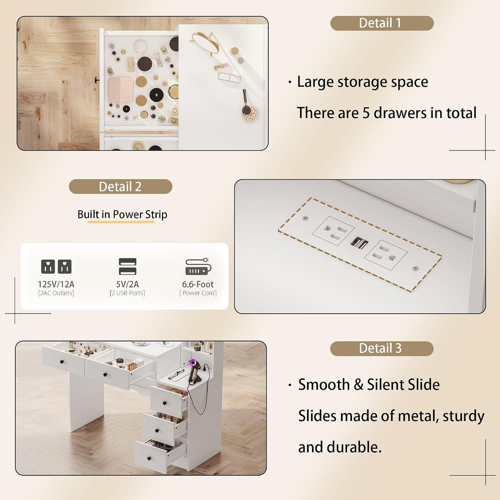 35.4” Makeup Vanity Desk with Charging Station, White Makeup Dressing Table w...