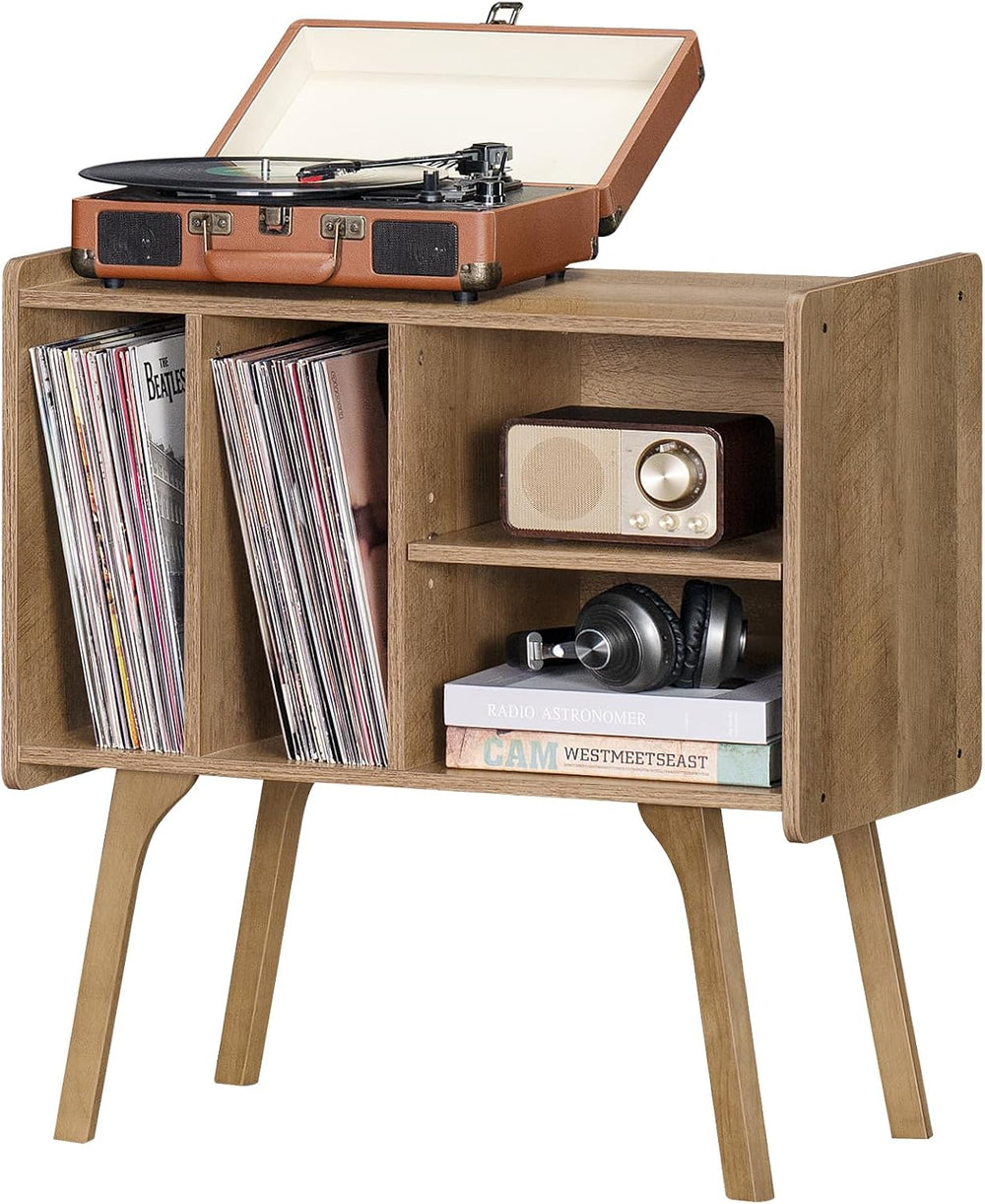 LELELINKY Wide Record Player Stand, 4-Cubby Vinyl Storage Table, Oak Grey | M...