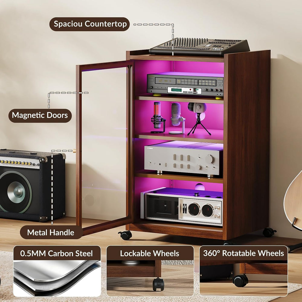 Media Cabinet with LED Lights and Glass Door, Metal Stereo Cabinet Brown