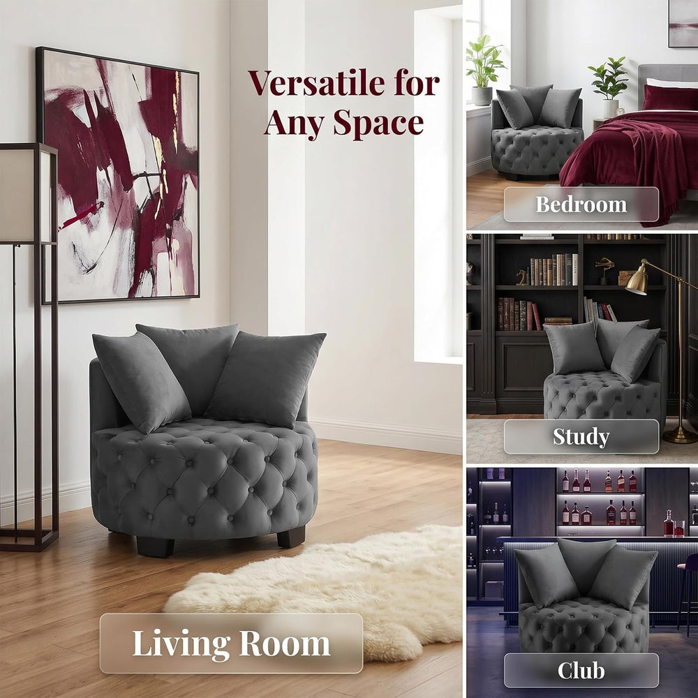 Upholstered Tufted Accent Barrel Chair with 3 Pillows, Contemporary Round Lou...