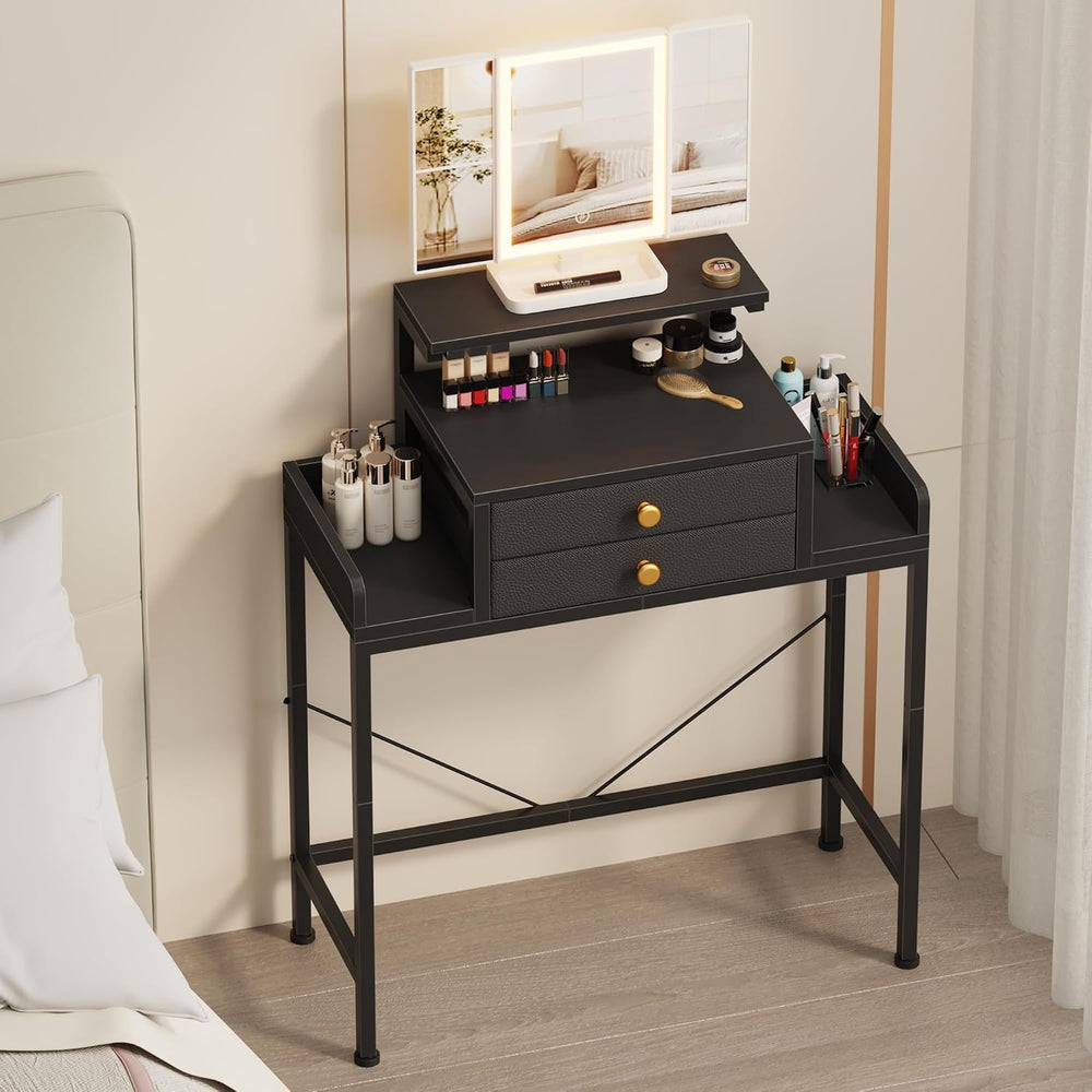 HIGDBFE Vanity Desk with Mirror and Lights 28.4''W Small Makeup Vanit...