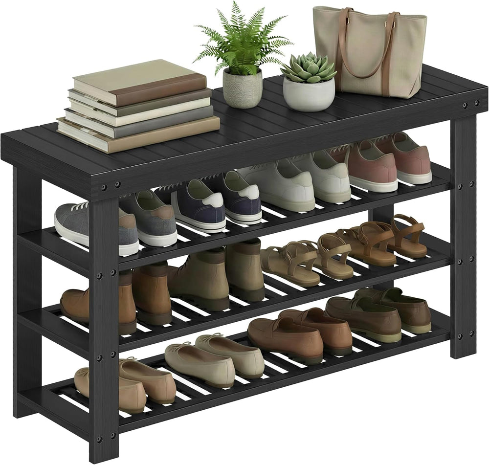 SONGMICS Shoe Rack Bench, 4 Tier Bamboo Shoe Storage Organizer, Entryway Benc...
