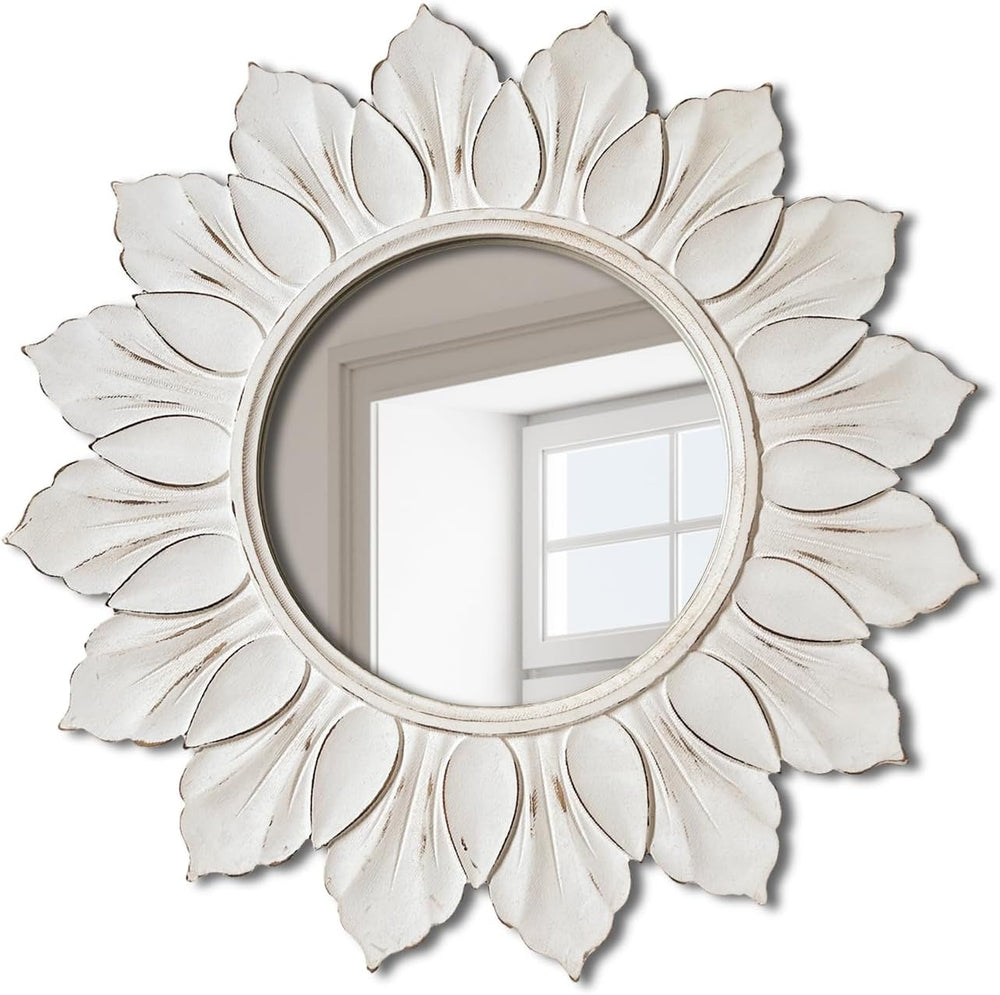Sunflower Sunburst Wall Mirror, 22" Distressed White Wooden Frame