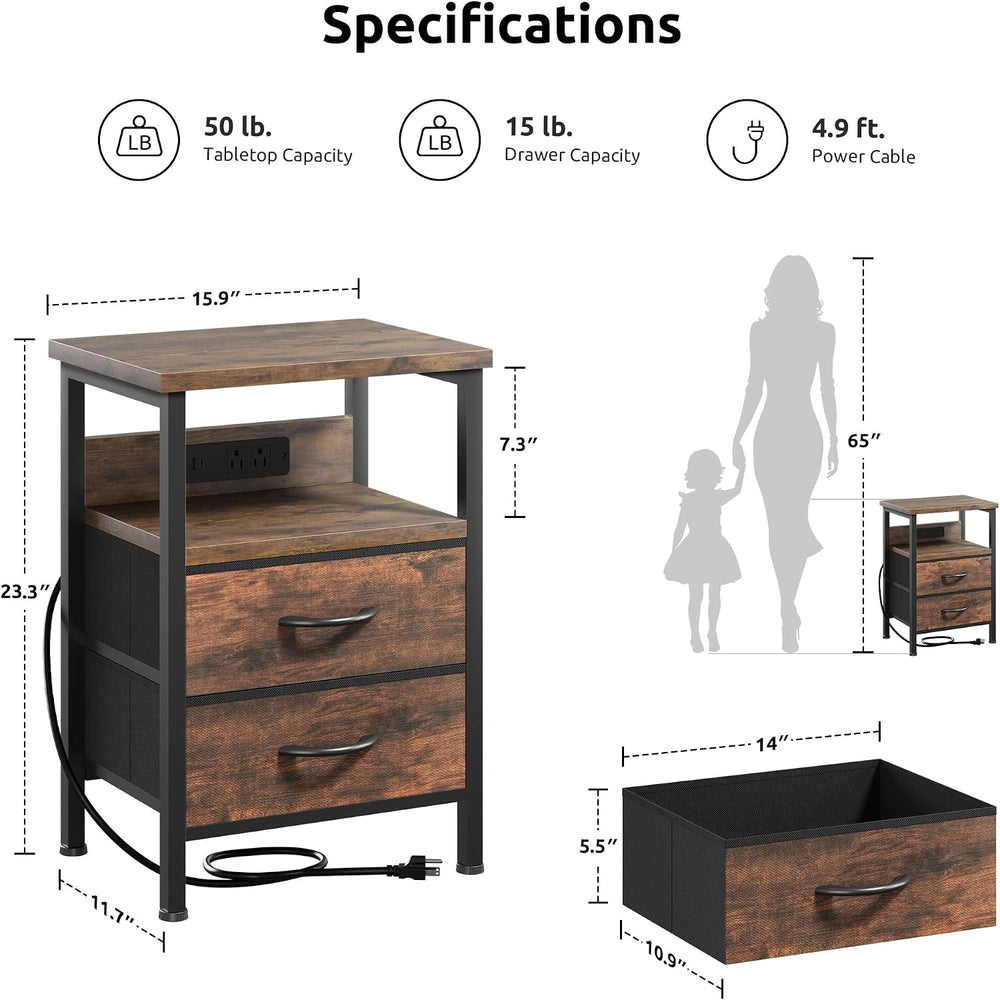 Lazzanto Night Stand with Charger Station for Bedroom, Brown Nightstand | Bed...