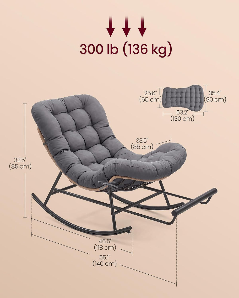 VASAGLE Outdoor Rocking Chair with Extendable Footrest, Removable Cushion