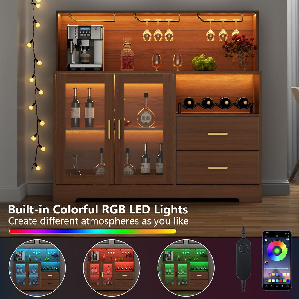 Bar Cabinet for Home with LED Light,Coffee Bar Cabinet w/ Wine & Glass Ra...