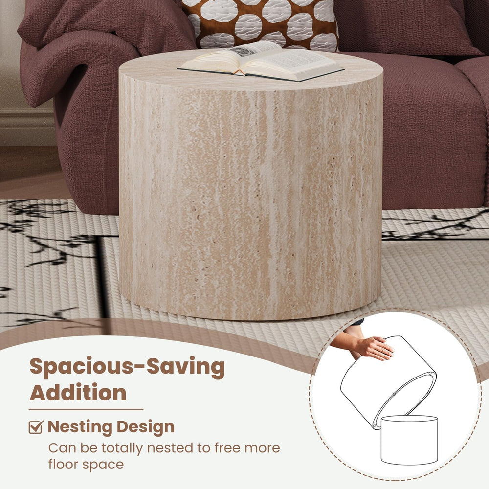 WXFKLDJ Round Nesting Coffee Table Set of 2, Wood Side Table, Travertine | Mo...