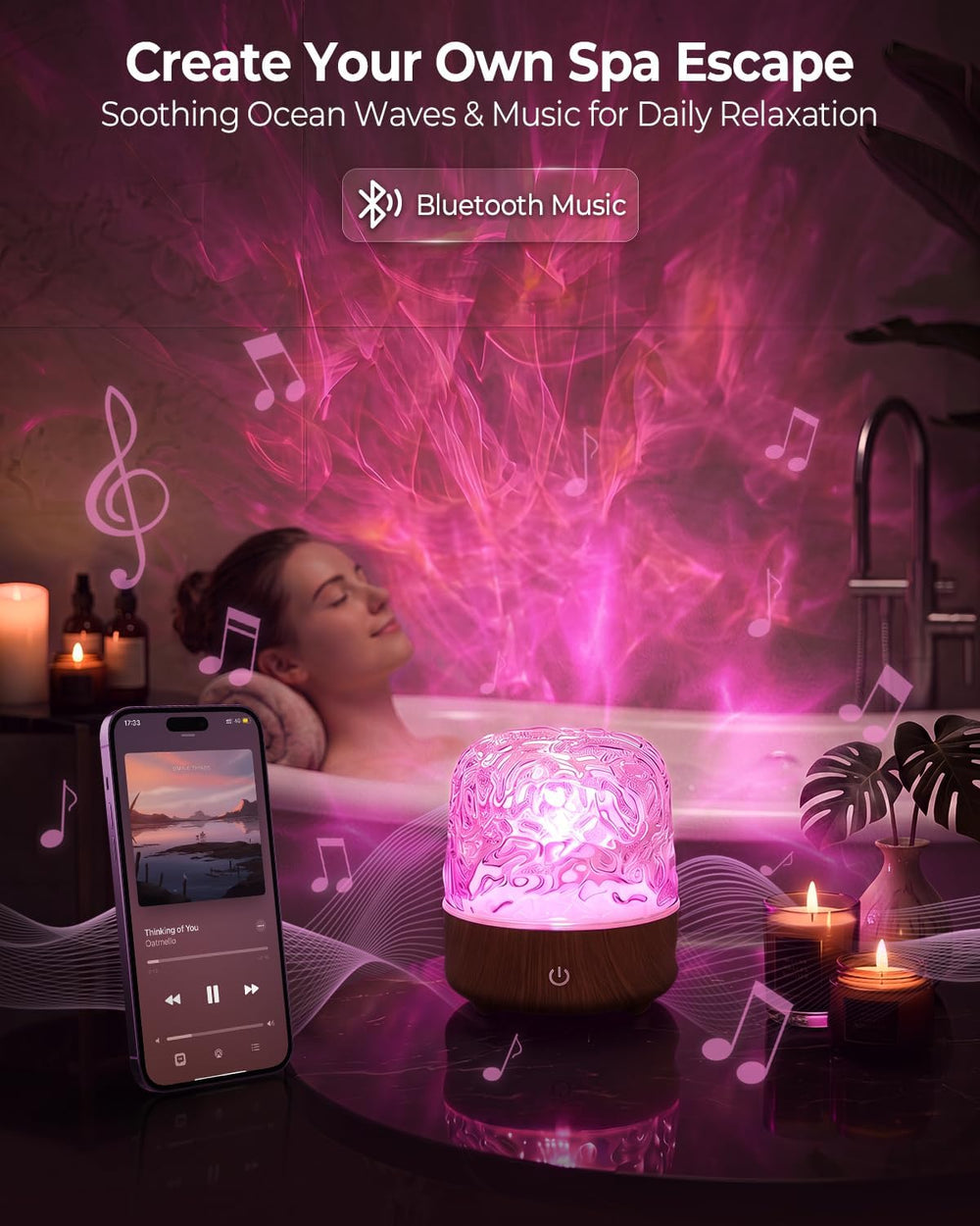 Waterproof Shower Mood Light with Bluetooth Speaker & Ocean Wave Projector