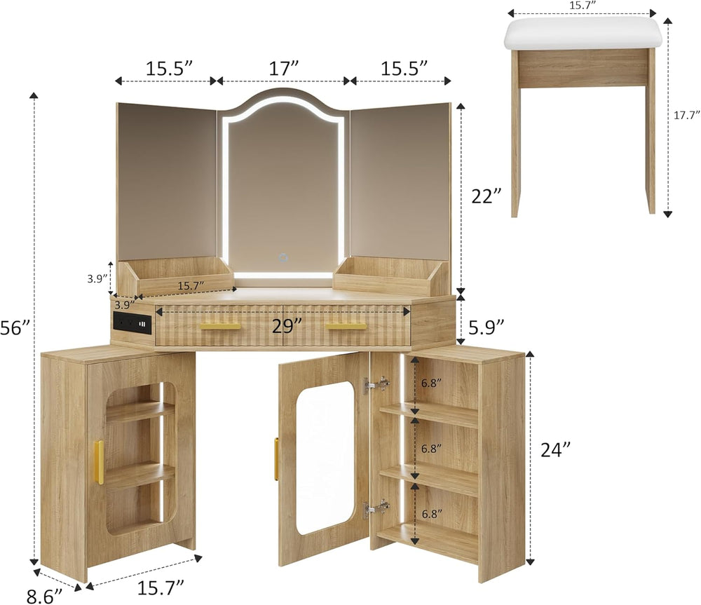 Corner Vanity Desk with 3 Way Mirror & LED Lights, Makeup Table Set with ...