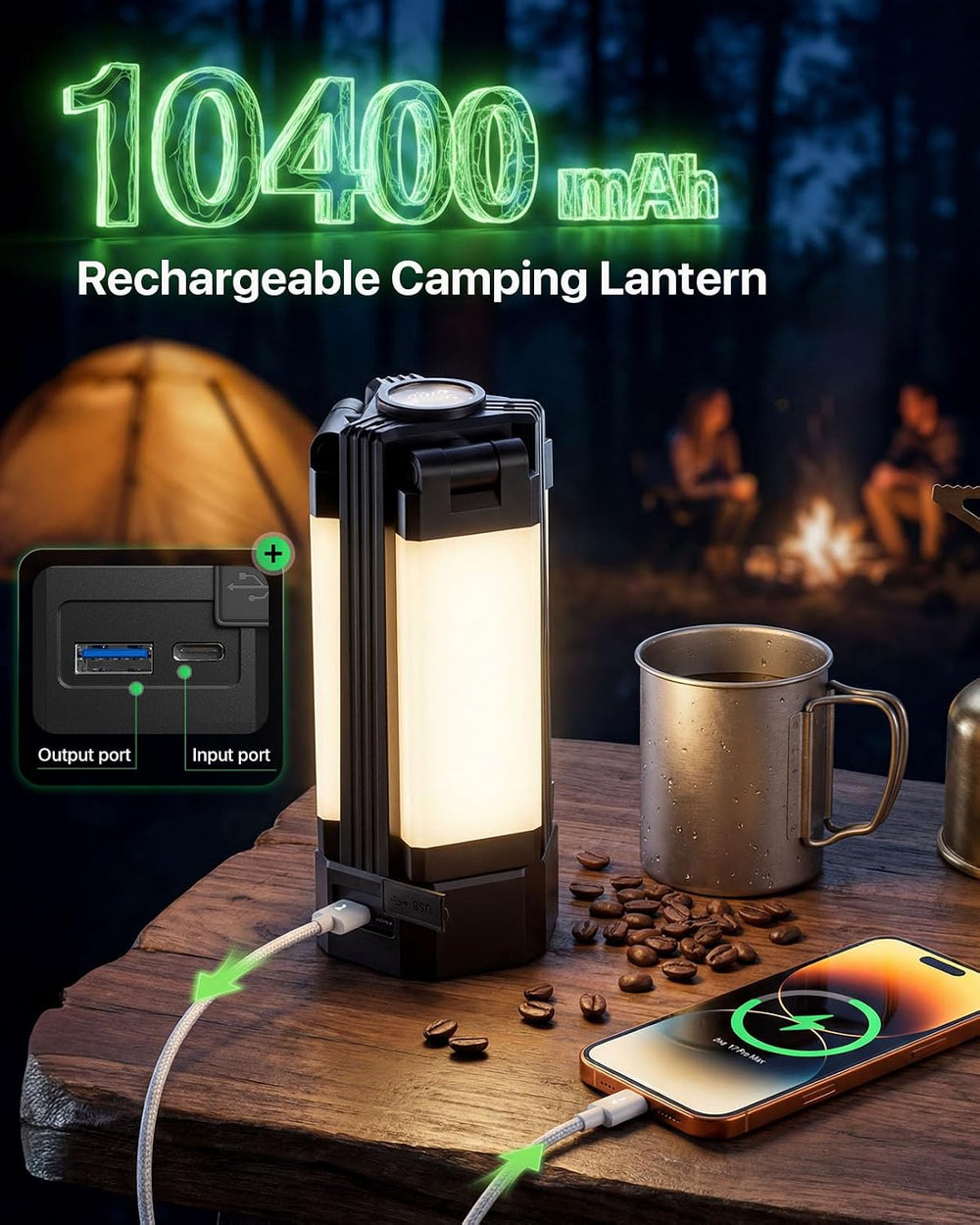 2200LM LED Rechargeable Camping Lantern, 10400mAh Emergency Light