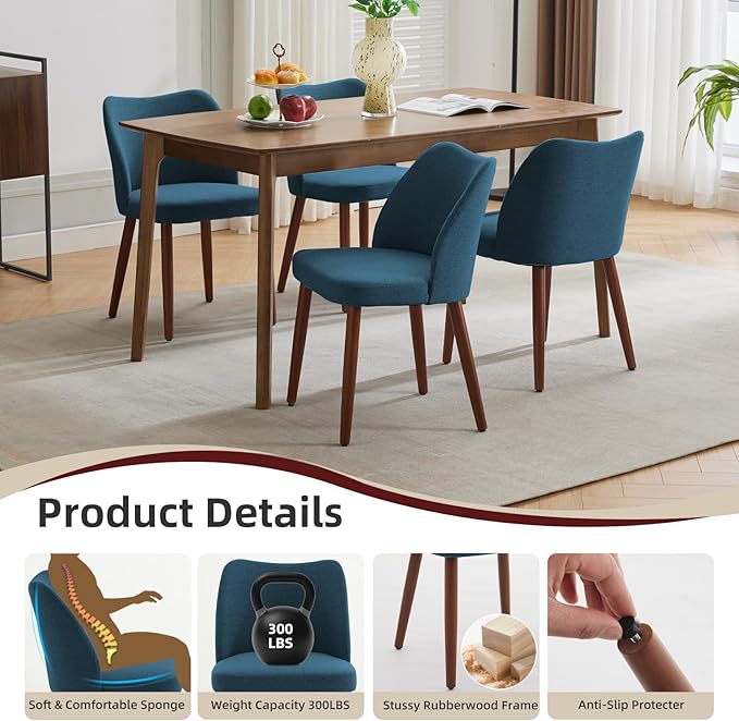 Dining Chair Set of 2, Linen Upholstered Dining Chair with Wood Legs, Wing Ba...
