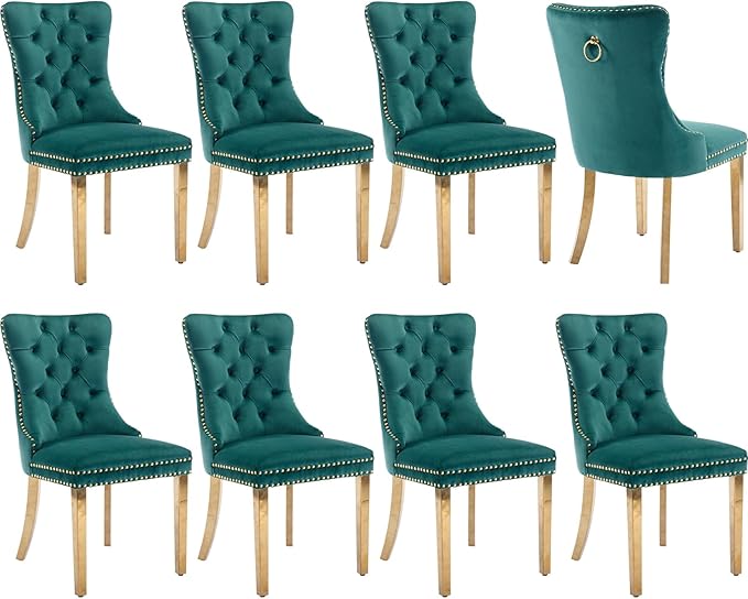 Luxury Upholstered Dining Chairs Set of 8, Green Kitchen Chair with Golden Me...