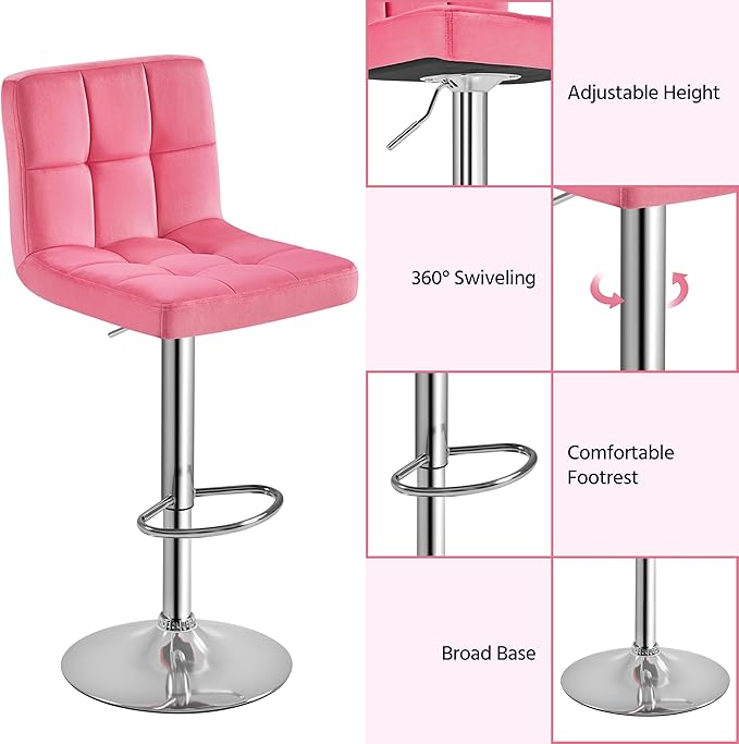 Yaheetech Pink Bar Stools Set of 2, Adjustable Velvet Barstools, Modern Count...
