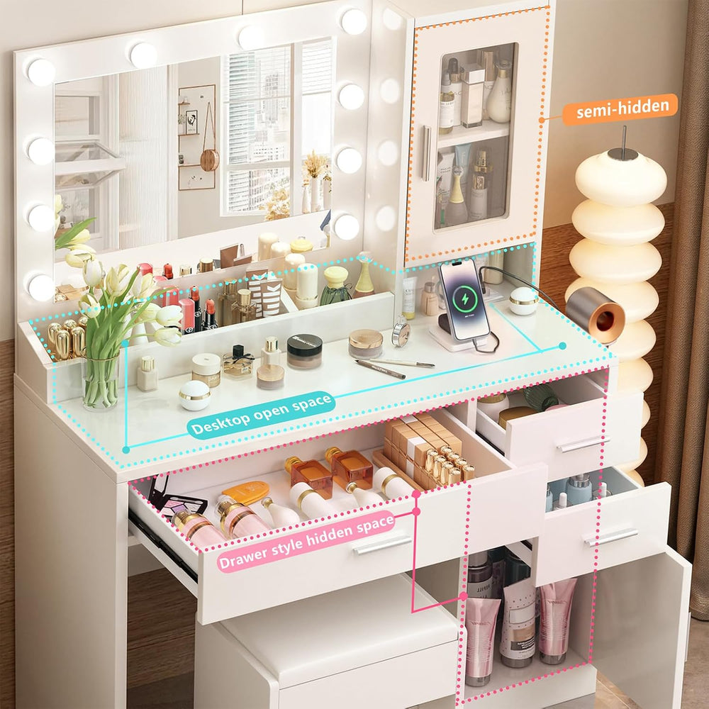 Makeup Vanity Desk set with LED Lights Mirror Chair