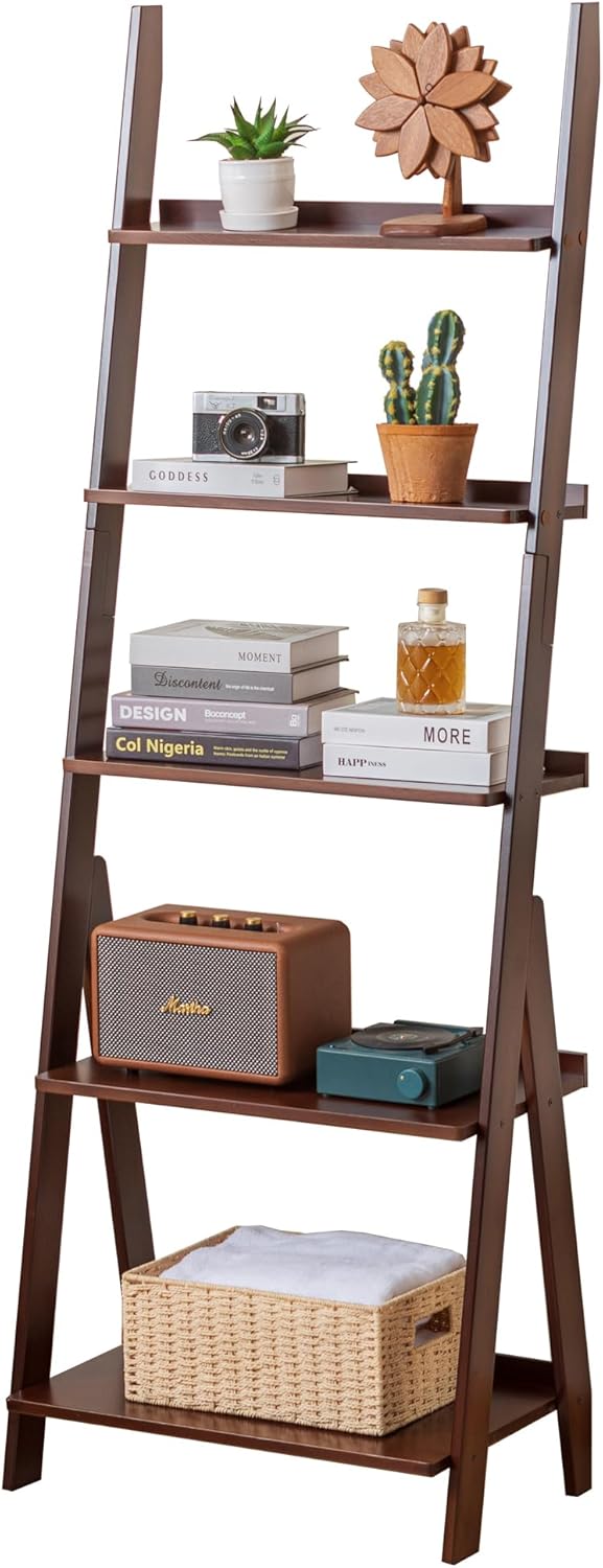 Maydear Bamboo Ladder Shelf Bookcase, 5-Tier Leaning Bookshelf Free Standing ...