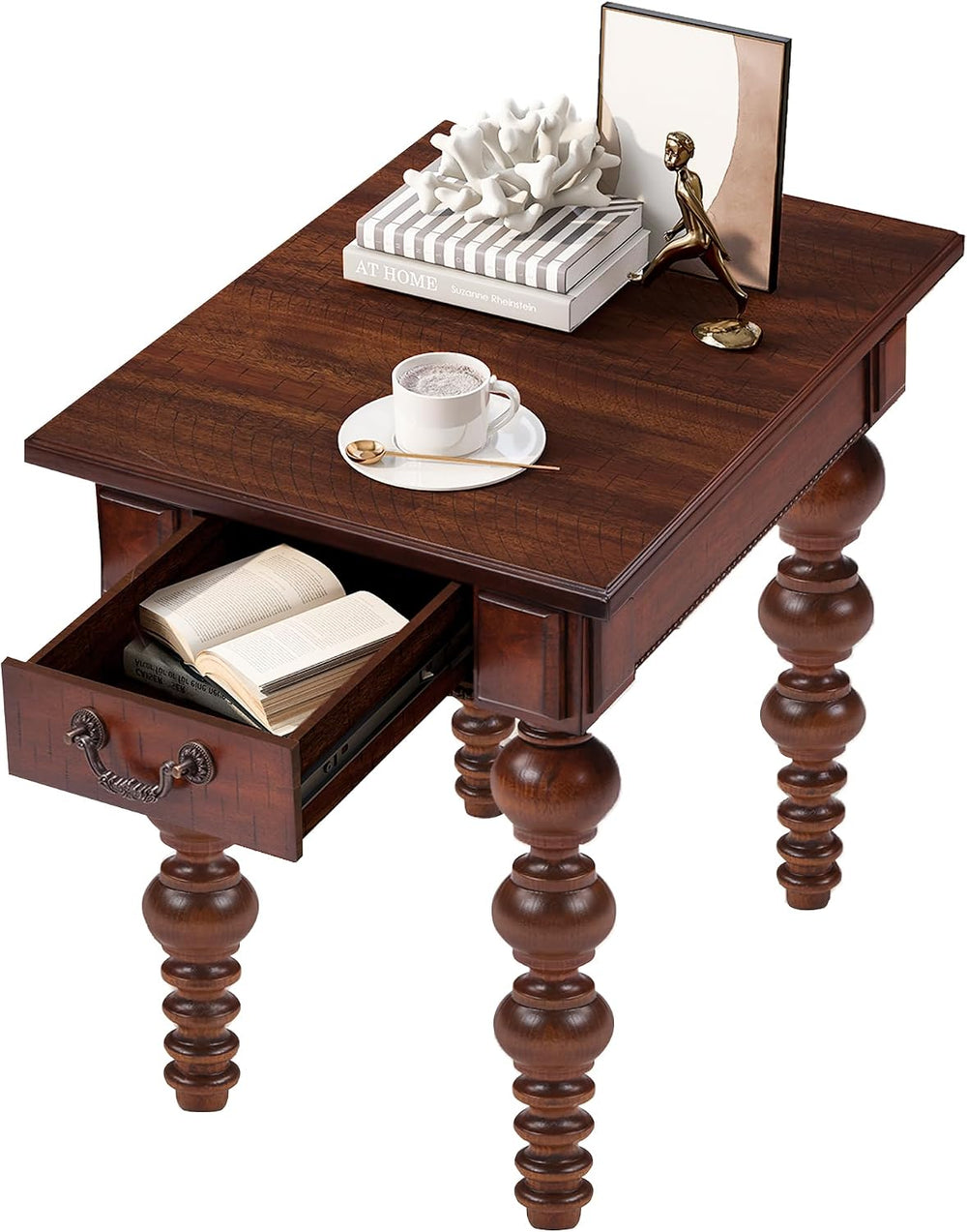 LKTART Wood End Table, Vintage Narrow Sofa Side Table with Storage Drawer, Be...