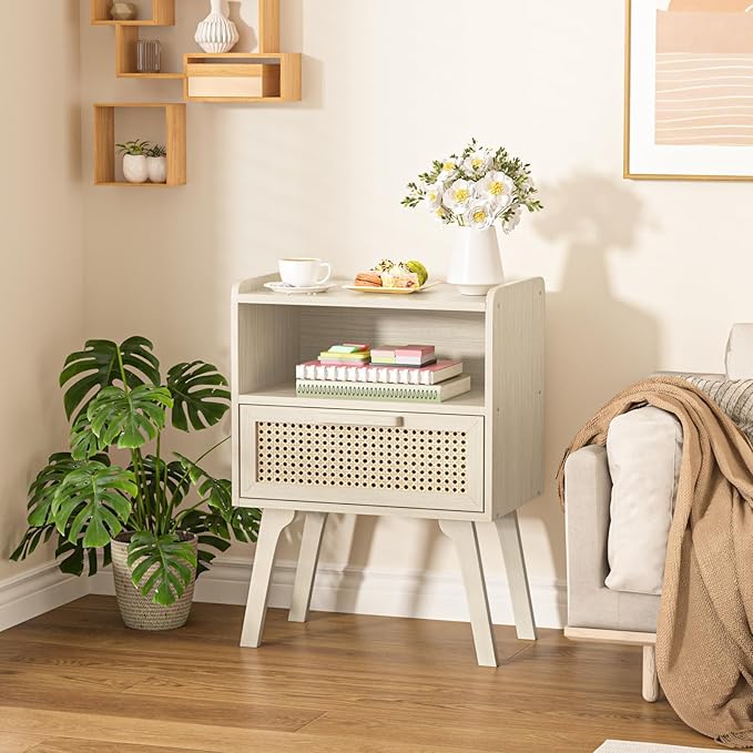 Lerliuo Rattan Nightstands Set of 2, Side Table with Drawer Open Shelf, Cane ...