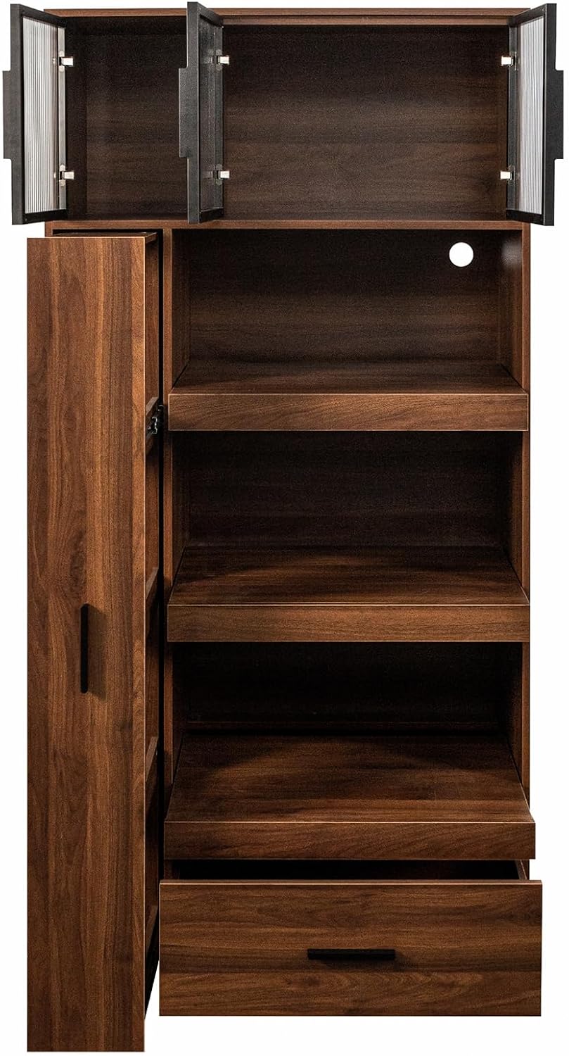 70.87" Tall Kitchen Pantry Cabinet, Walnut Wood Pantry Cabinet with 2 Dr...