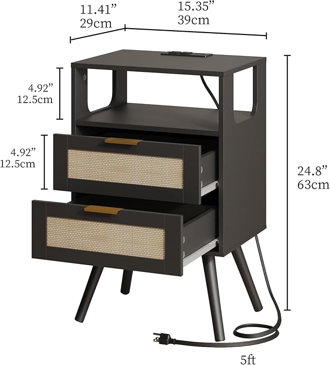 Rattan Nightstand with Charging Station,Farmhouse Bedside Table with 2 Storag...