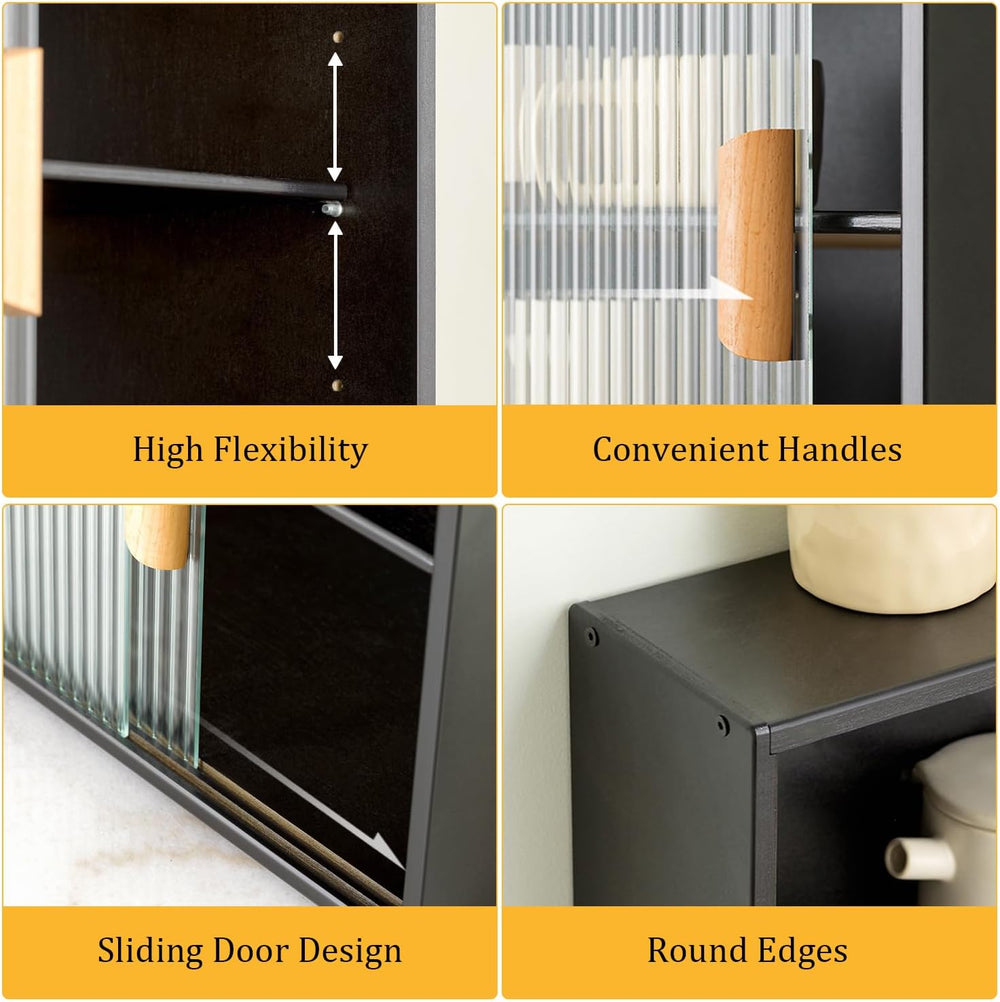 3-Tier Kitchen Pantry Sideboard Cabinet with Sliding Glass Doors, Storage Org...