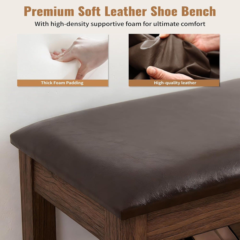 24" Short Entryway Shoe Storage Bench with Cushion, Height Adjustable 3-...