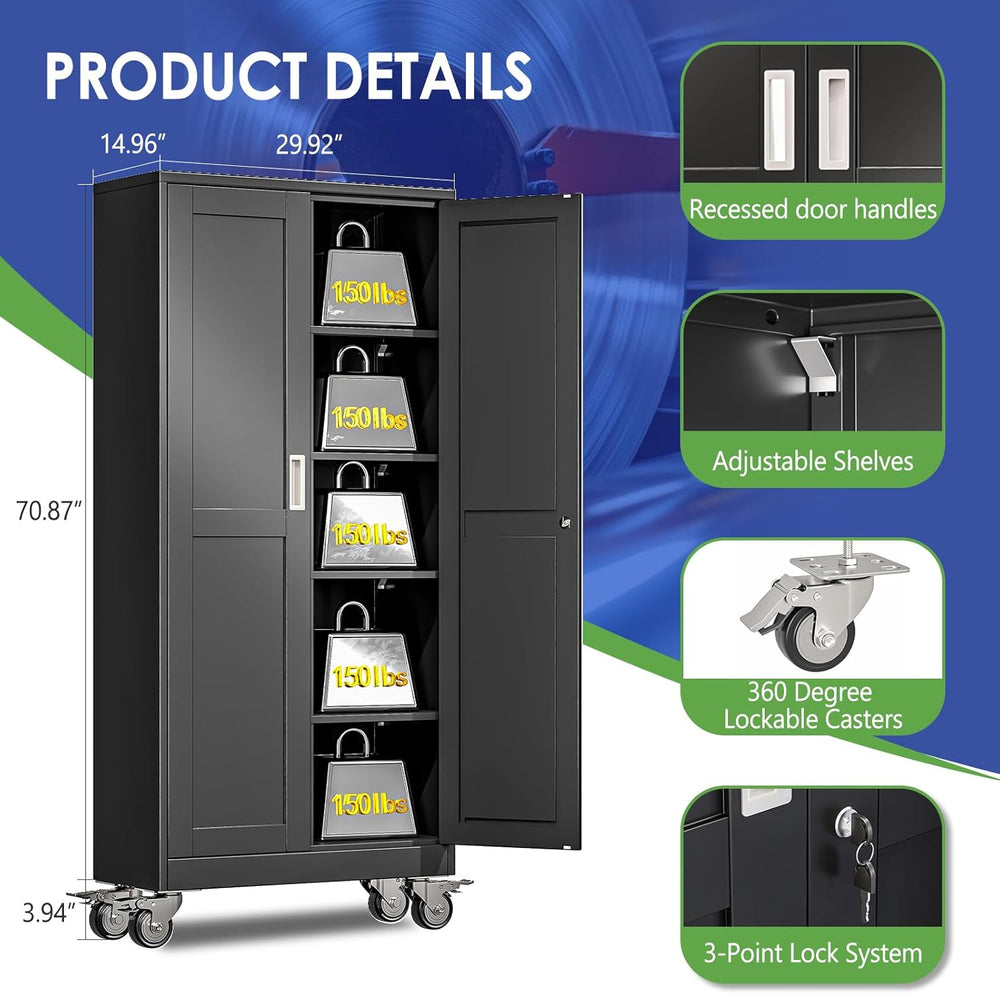 71" Metal Garage Storage Cabinet with Wheels and Locking Doors and Tall ...