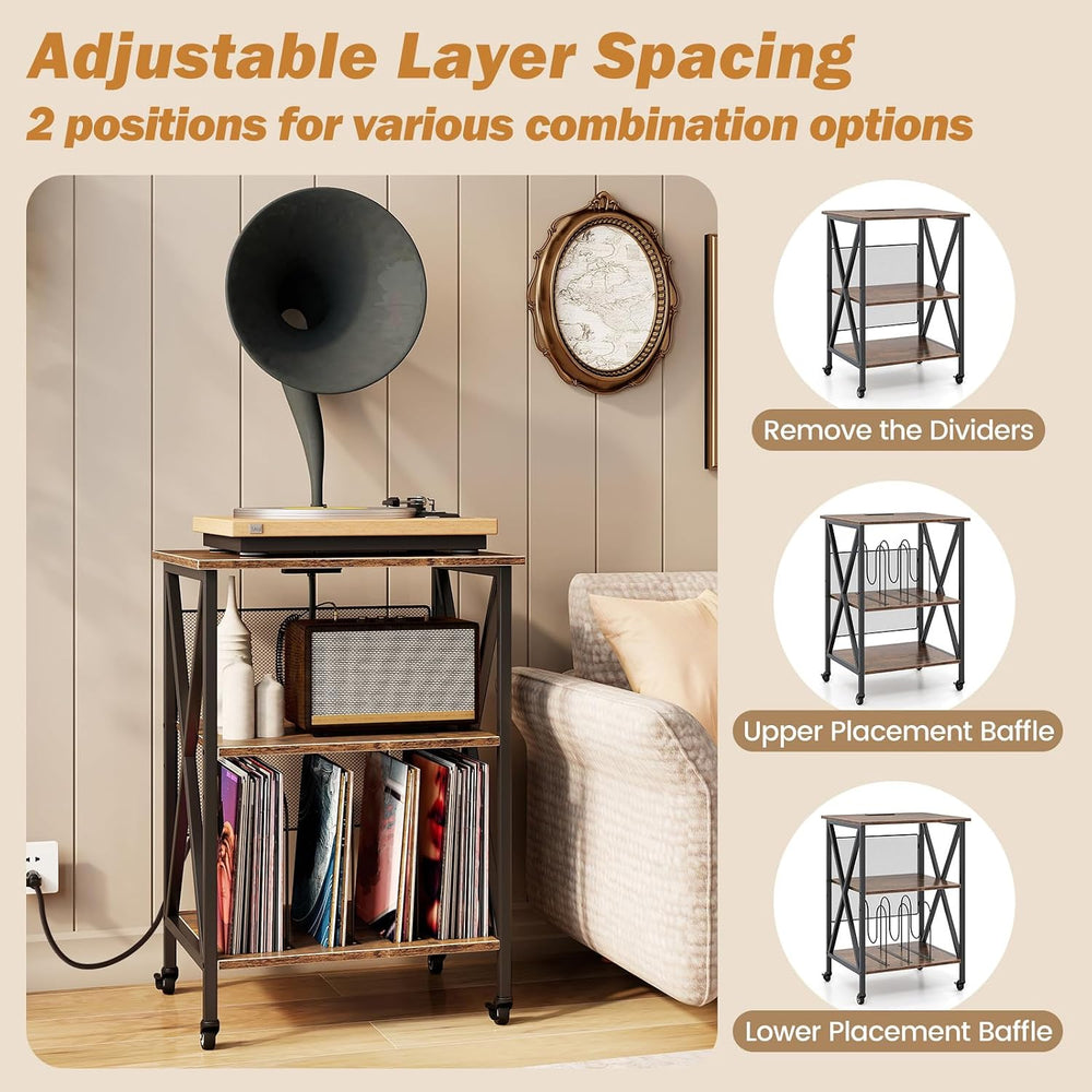 GOFLAME Record Player Stand with Power Outlet, 3-Tier Industrial Rolling Turn...