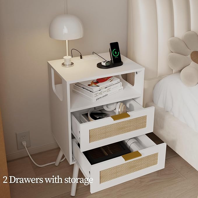 Rattan Nightstand with Charging Station,Farmhouse Bedside Table with 2 Storag...