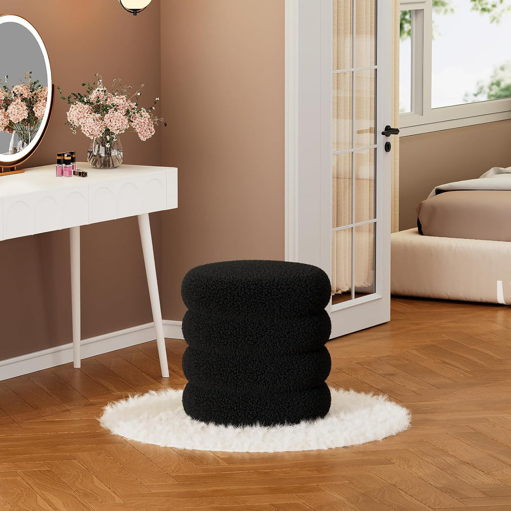 Soft Teddy Round Ottoman with Tray, 17.5 Inches Ottoman Coffee Table with Sto...