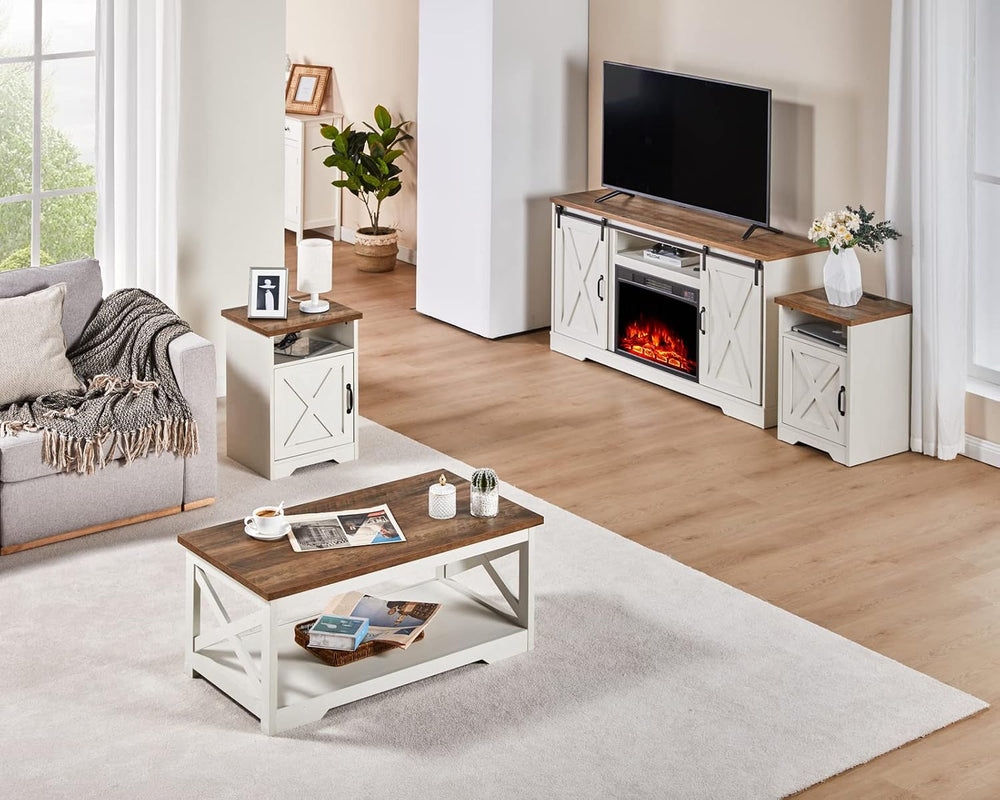 AMERLIFE Farmhouse 5 Piece Living Room Table Set, 59" TV Stand, White | ...