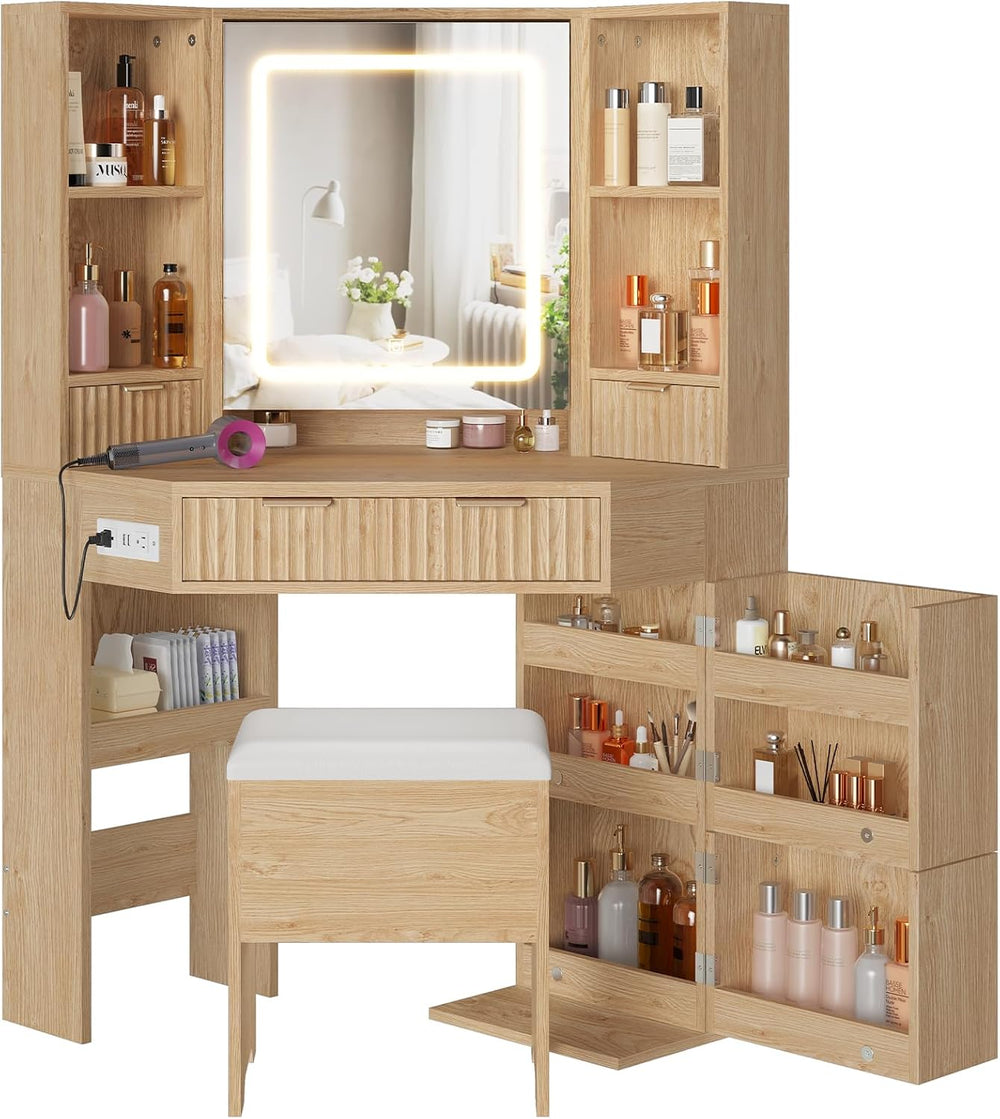 BTHFST Corner Vanity Desk with Lights and Charging Station, Makeup Vanity wit...