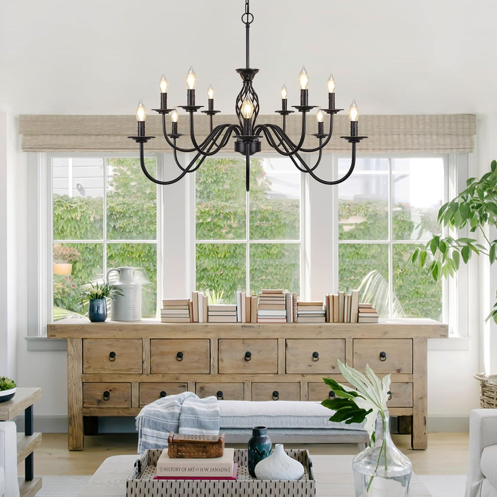 VerRon Matte Black 12-Light Farmhouse Candle Chandelier for Dining Room
