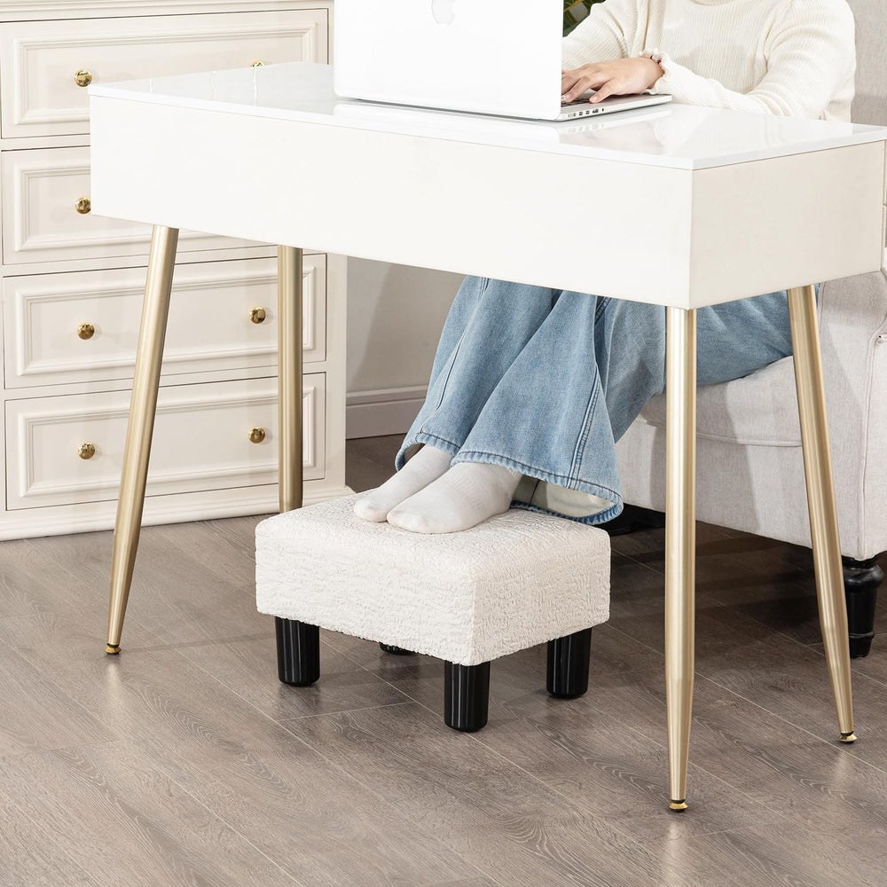 Adeco Boucle White Foot Stool with Legs, Small Footstool Ottoman, Fabric Seat...