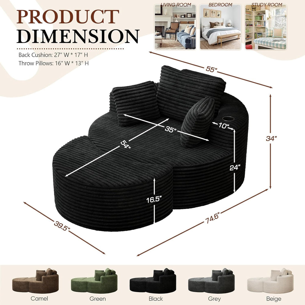 Oversized Round Chaise Longue Chair with Ottoman, Modern Corduroy Deep Seat C...