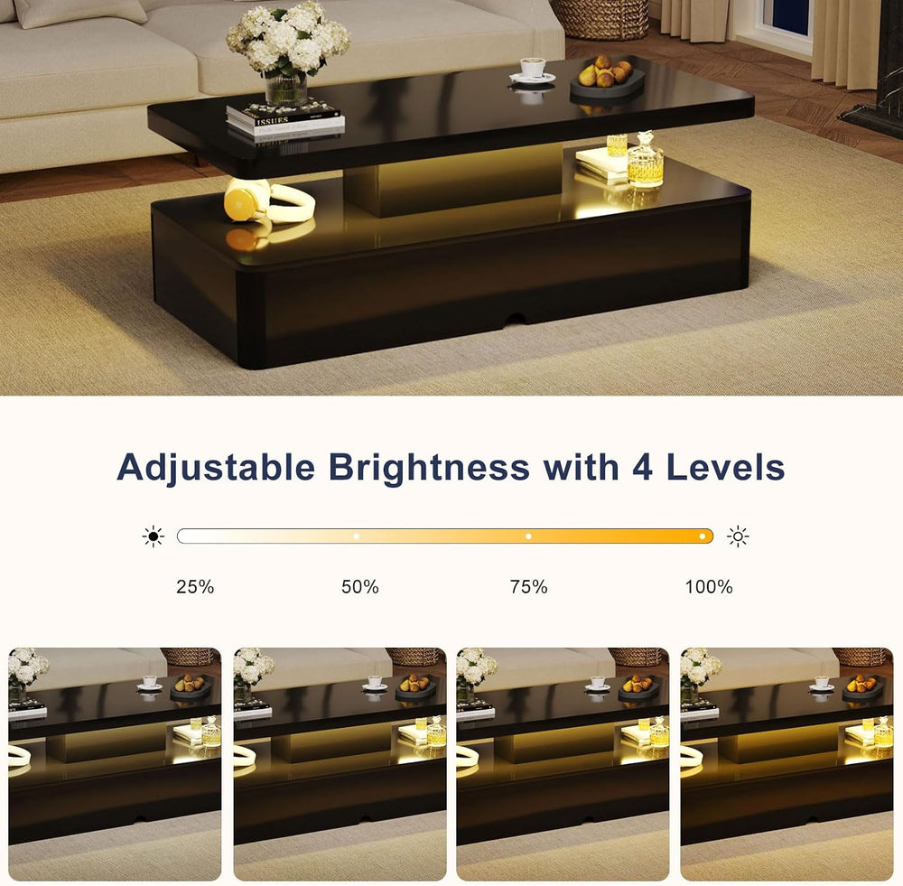 MXV 40" Modern Coffee Table with 16 Color LED Lights, 2 Tier Rectangular...