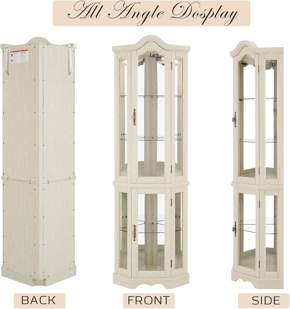 Lighted Corner Curio Cabinet 70.5" Tall Wooden China Cabinet with Temper...