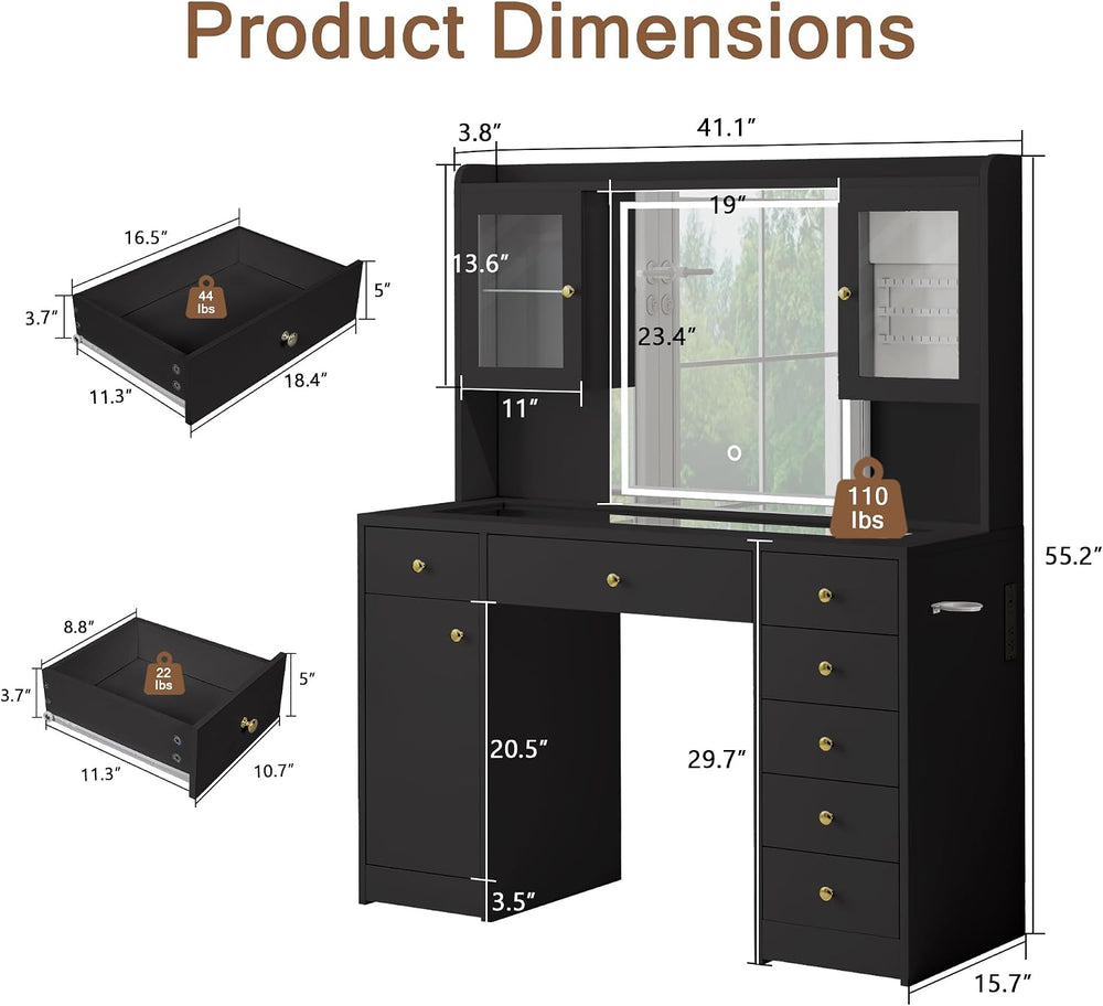 Einhomn Makeup Vanity Desk with Mirror & LED Lights, Large Glass Top Vani...