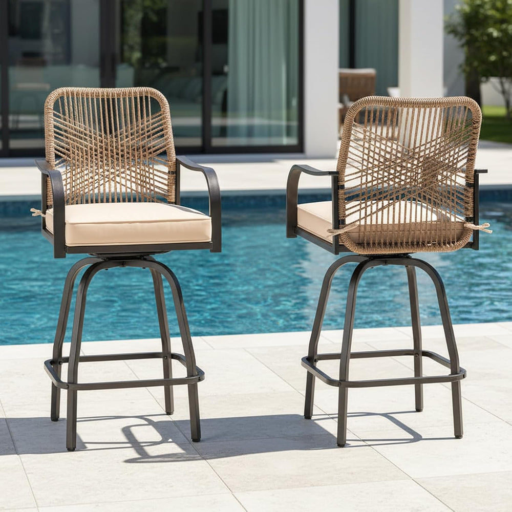 Outdoor Wicker Bar Stools Set of 2, Patio Bar Swivel Chairs