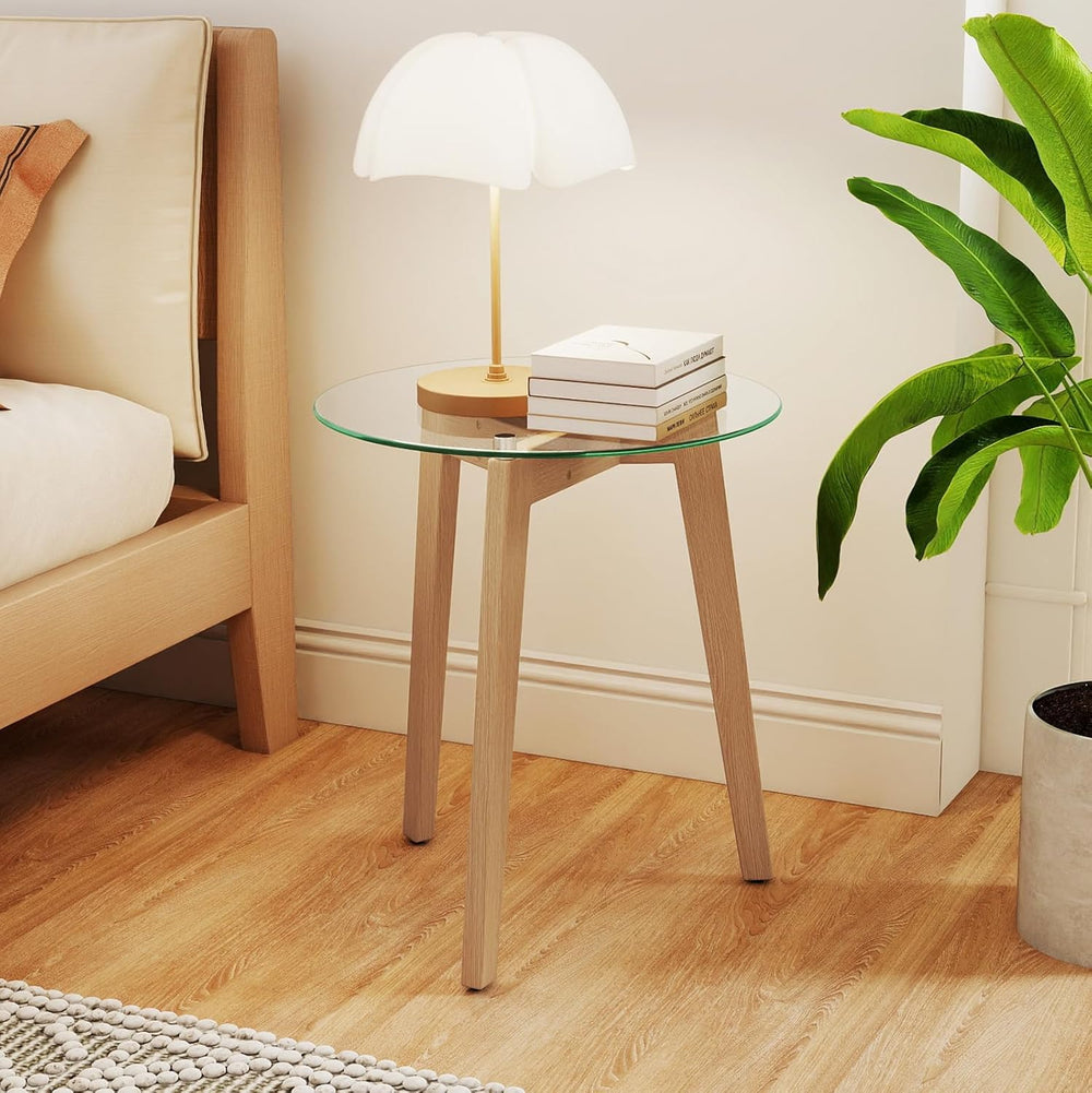 GOFLAME Glass End Table, 21” Round Couch Sofa Side Table with Solid Rubber Wo...