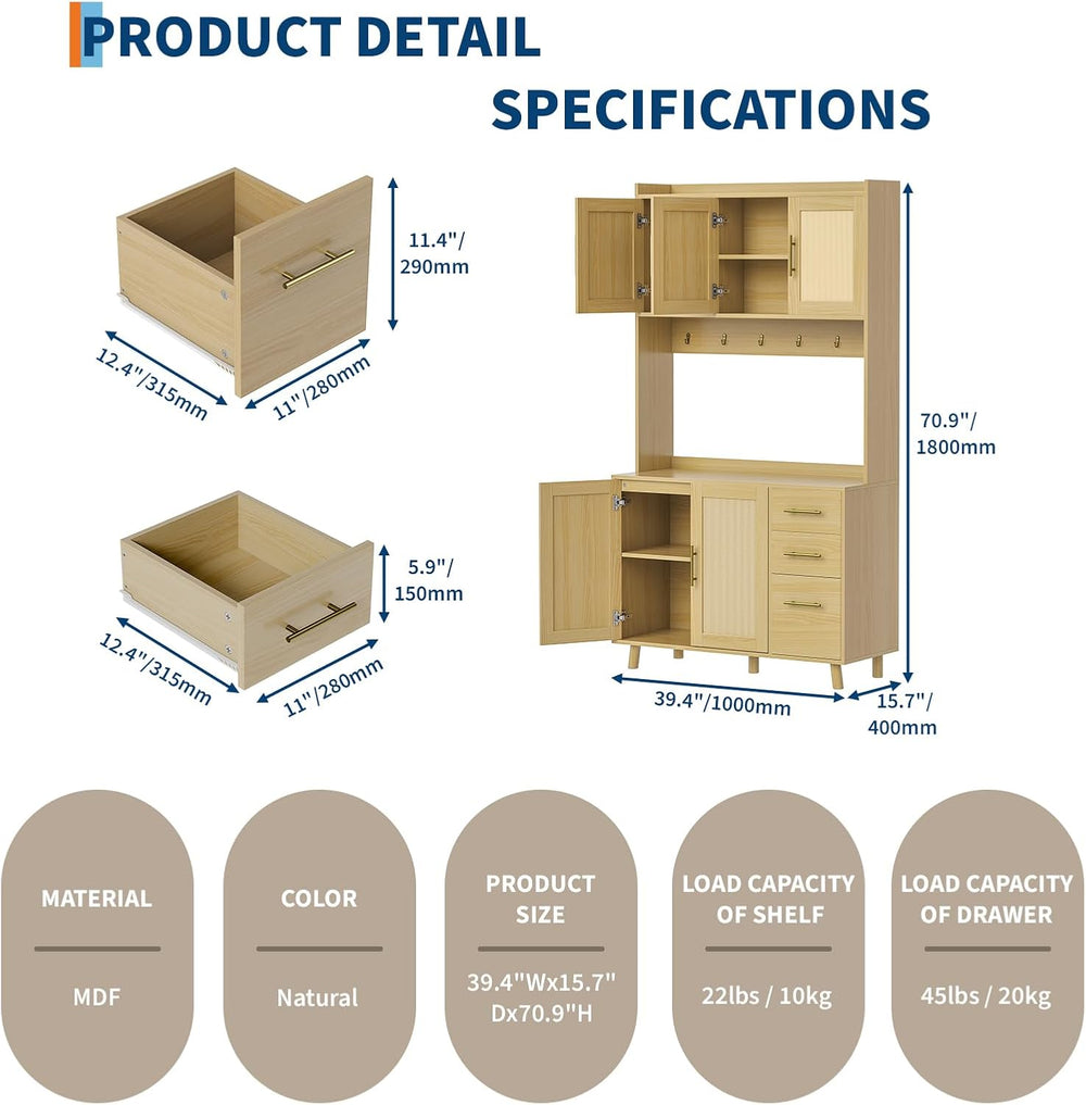 71" Tall Rattan Door Kitchen Pantry Cabinet, Freestanding Storage Hutch ...