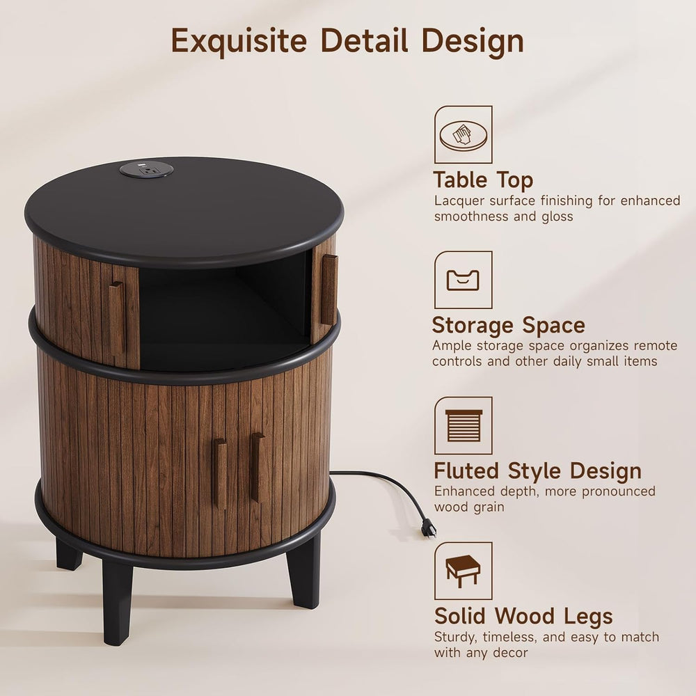 ONBRILL Fluted Round End Table with Storage, Mid-Century Modern Side Table wi...