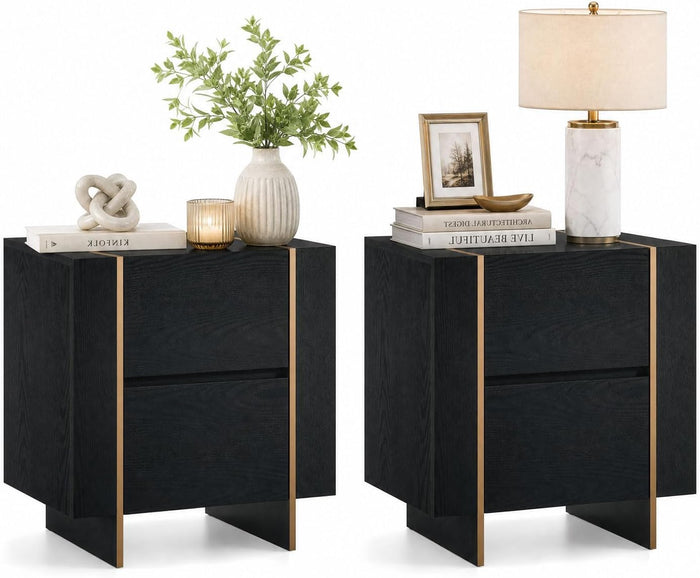 OKD 24" Modern Nightstand Set of 2 with Charging Station, Natural Oak