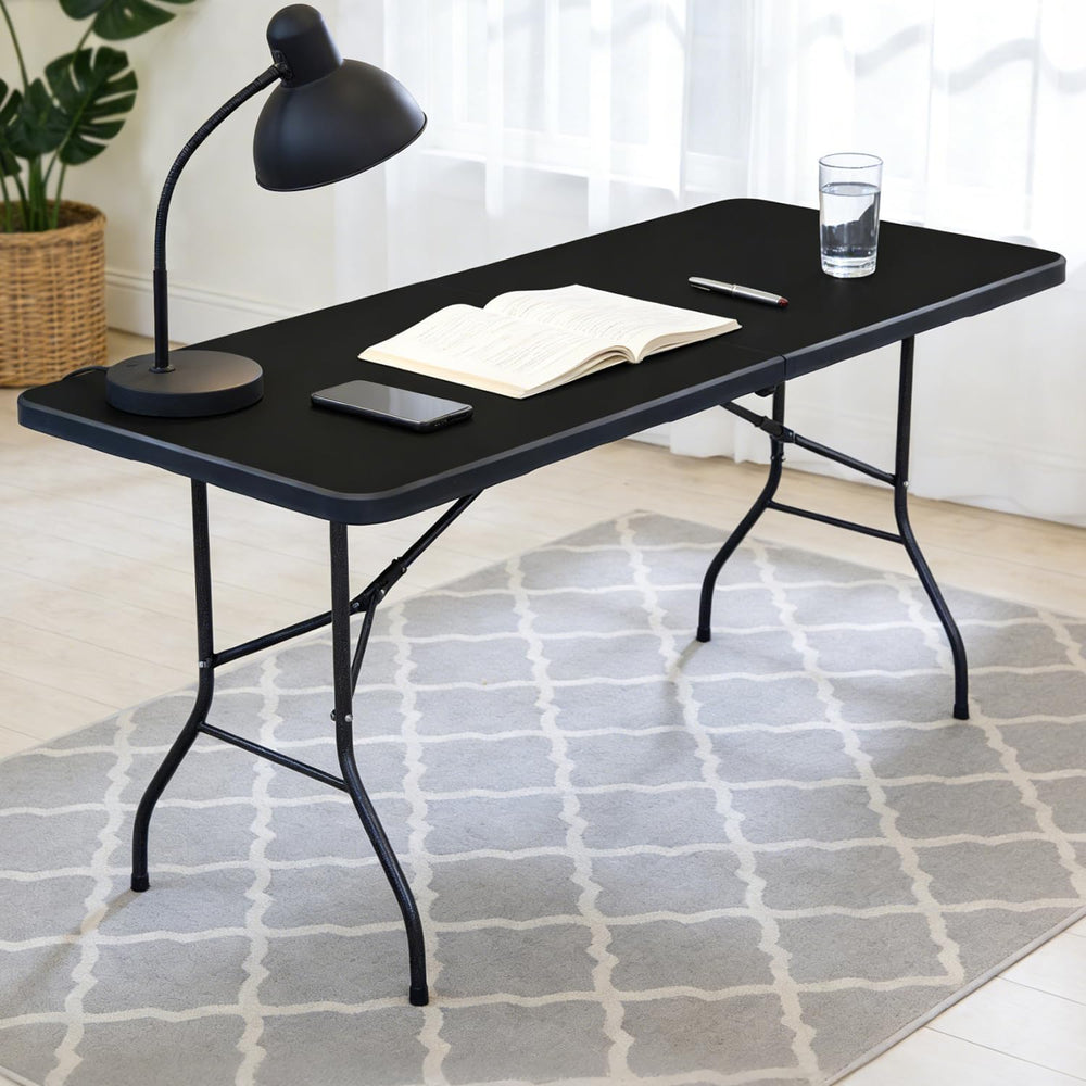 6FT Folding Table, Fold in Half Heavy Duty Plastic Utility Table with Carryin...