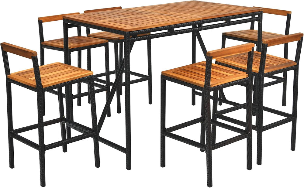 Tangkula 7-Piece Acacia Wood Bar Set with Patiojoy Outdoor Rattan High-Dining...